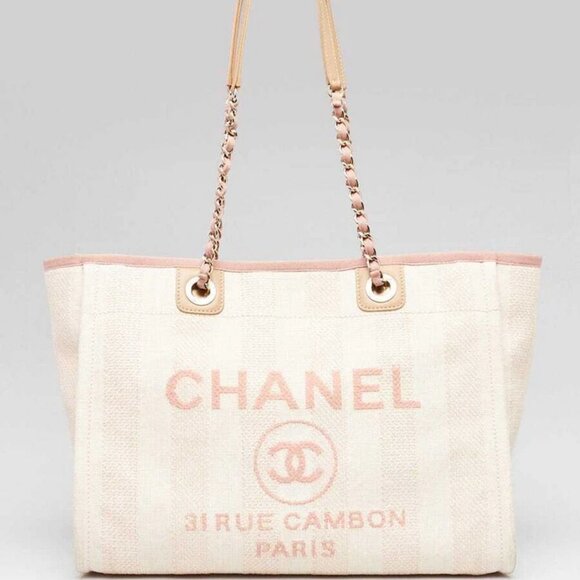 Chanel Pink Striped Canvas Deauville Medium Shopping Tote Bag - Picture 1 of 10